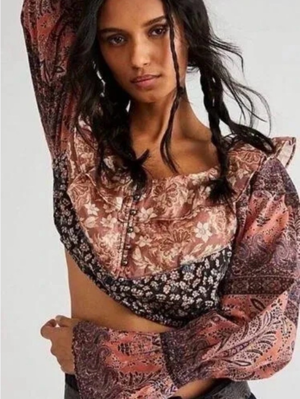 Boho Floral Peasant Blouse in Dusty Rose